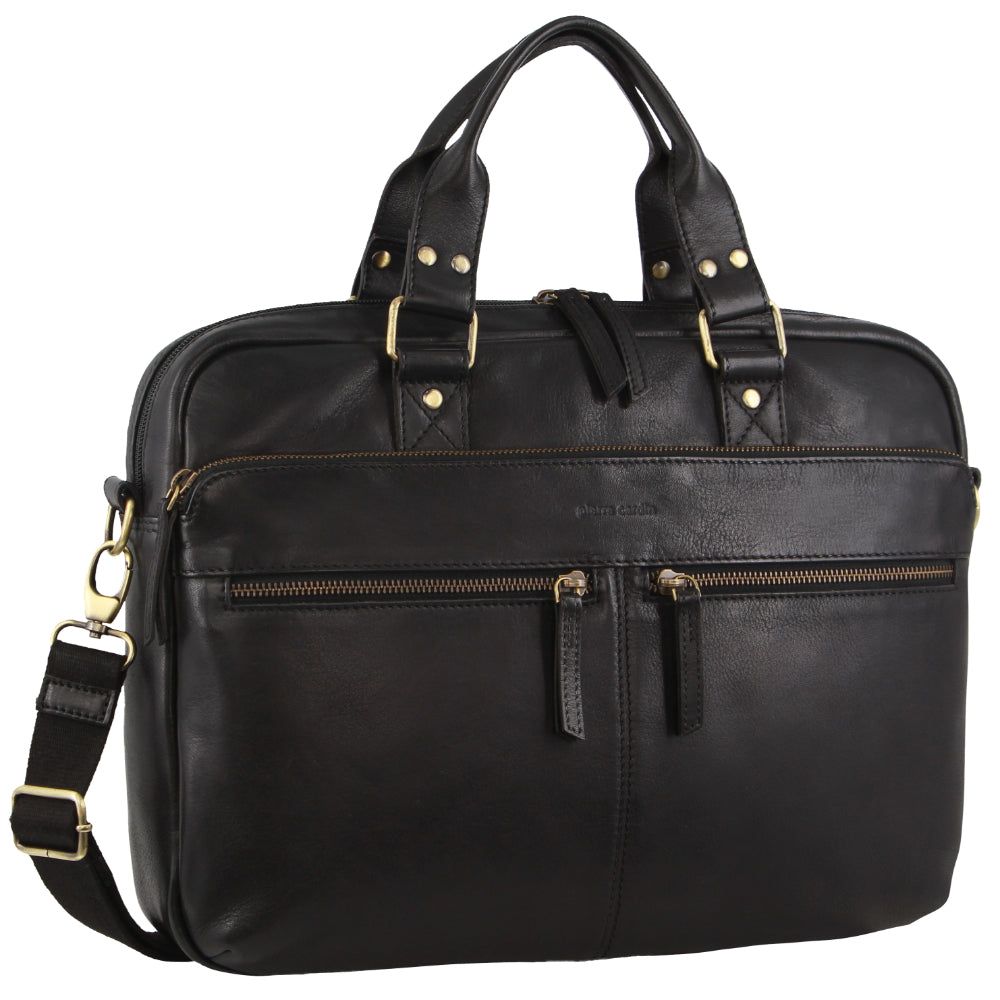 Business Computer Bags Pierre Cardin Multi-Compartment Leather Computer Bag Męskie Czarne | RLIOU-6971
