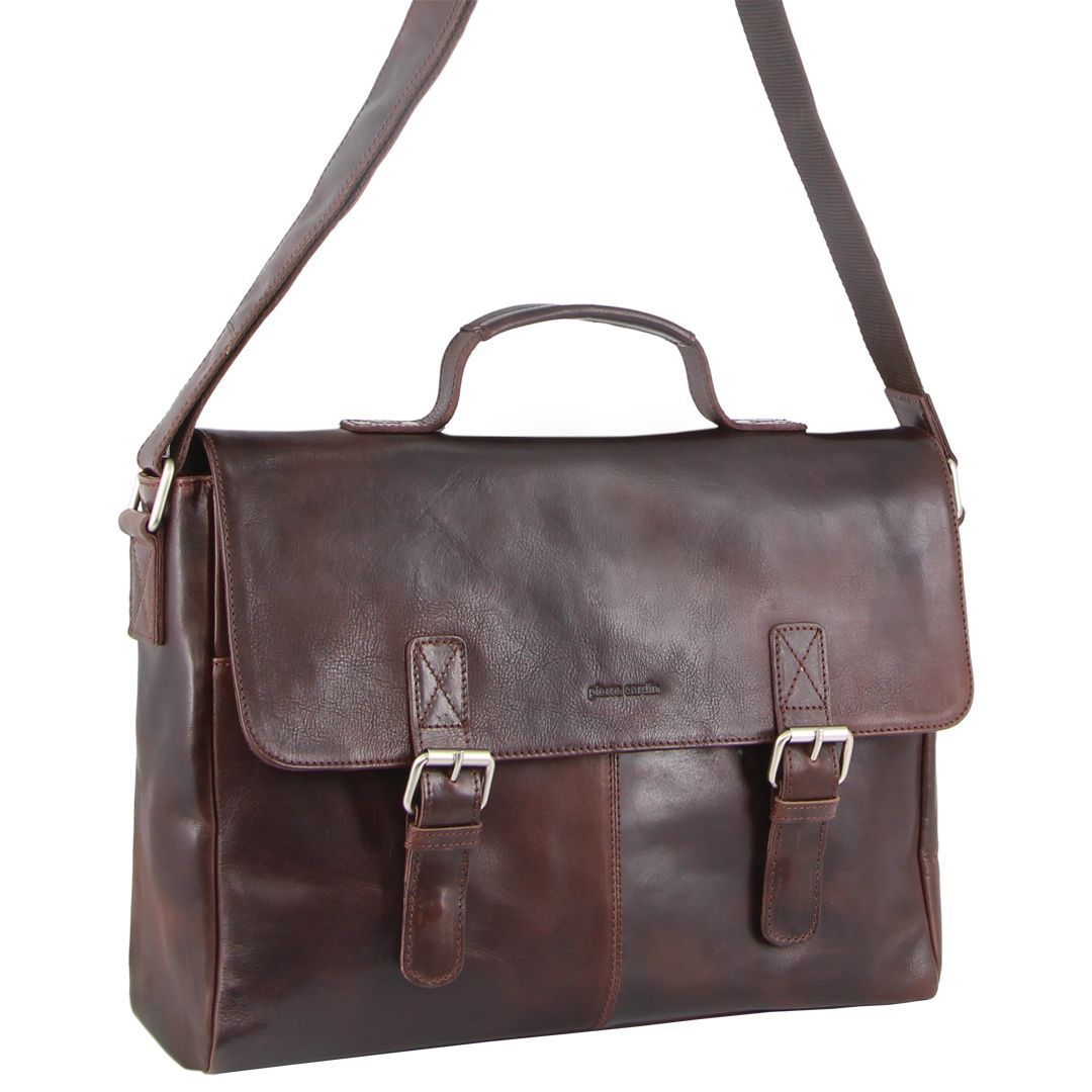 Business Computer Bags Pierre Cardin Rustic Leather Computer Bag Męskie Ciemny Czekolada | NKVDH-4207