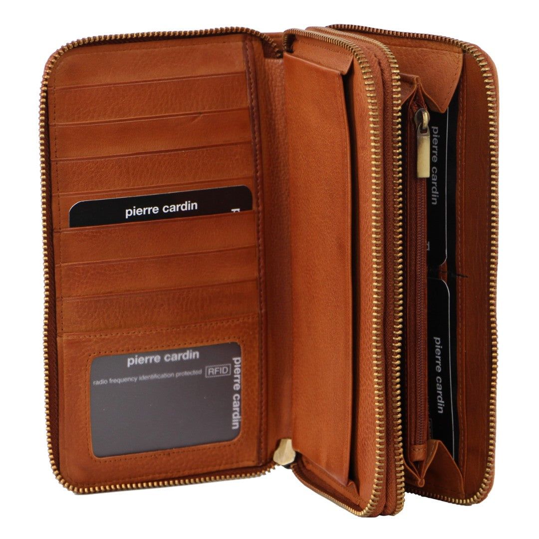 Duże Portfele Pierre Cardin Italian Leather Double Zip Wallet Damskie Czarne | LVIRW-3510