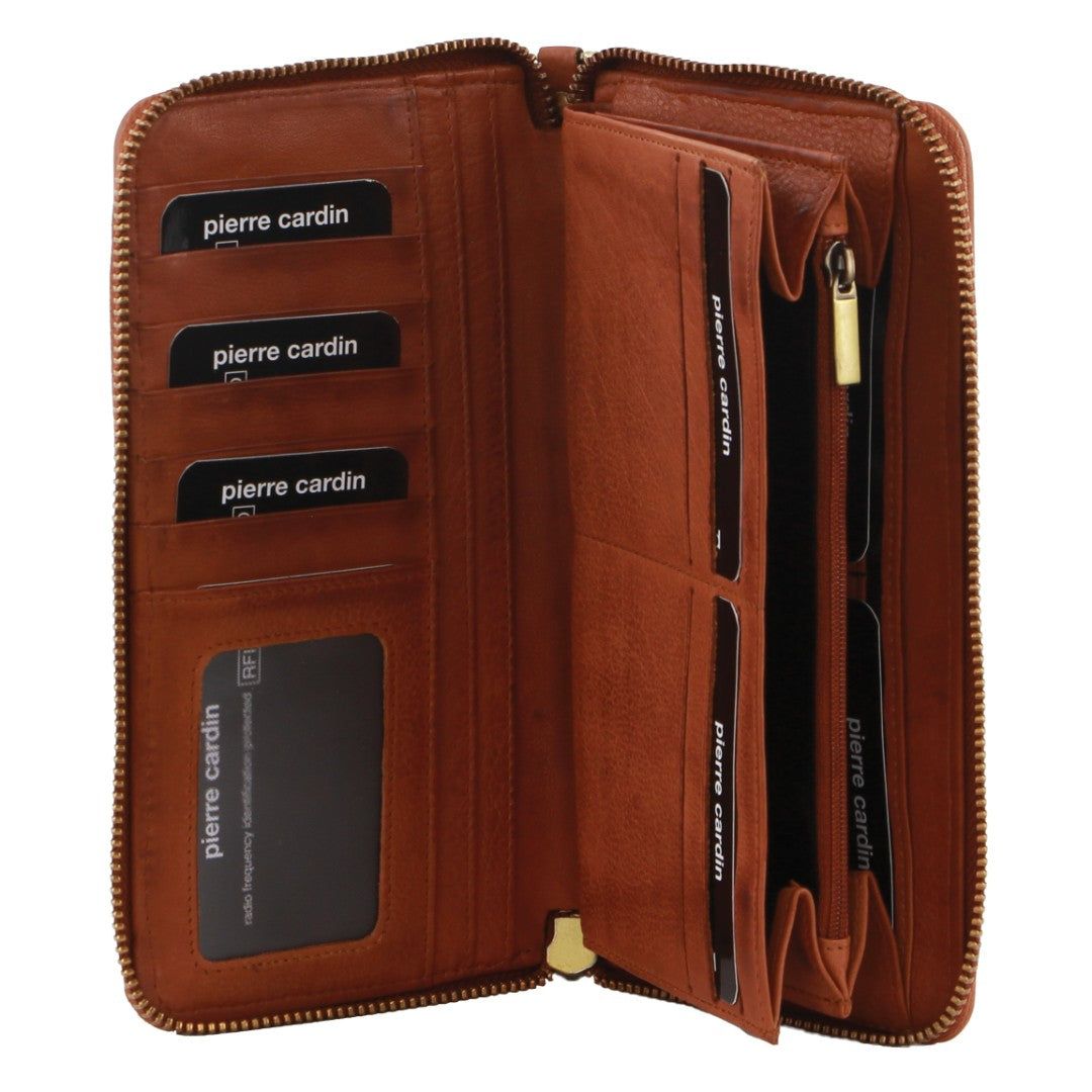 Zapinaj Portfele Pierre Cardin Leather Zip around wallet w Wristlet Damskie Brązowe | SHTGK-4951