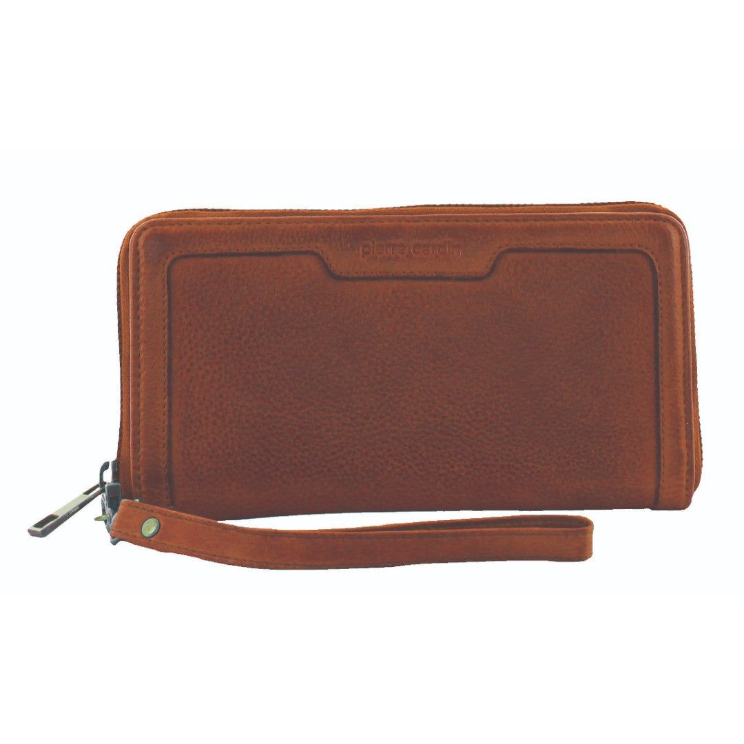 Zapinaj Portfele Pierre Cardin Leather Zip around wallet w Wristlet Damskie Brązowe | SHTGK-4951